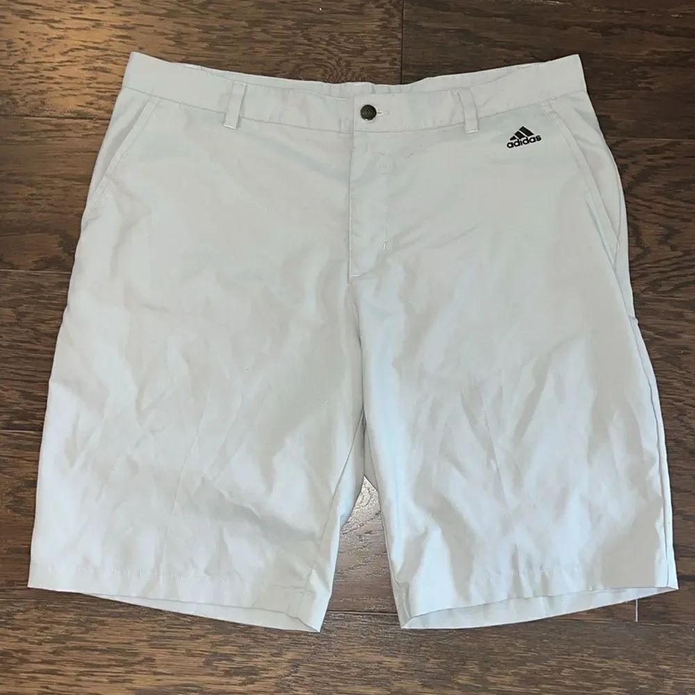 Light gray adidas 10” inseam Polyester 3 stripe flat front golf shorts 36
